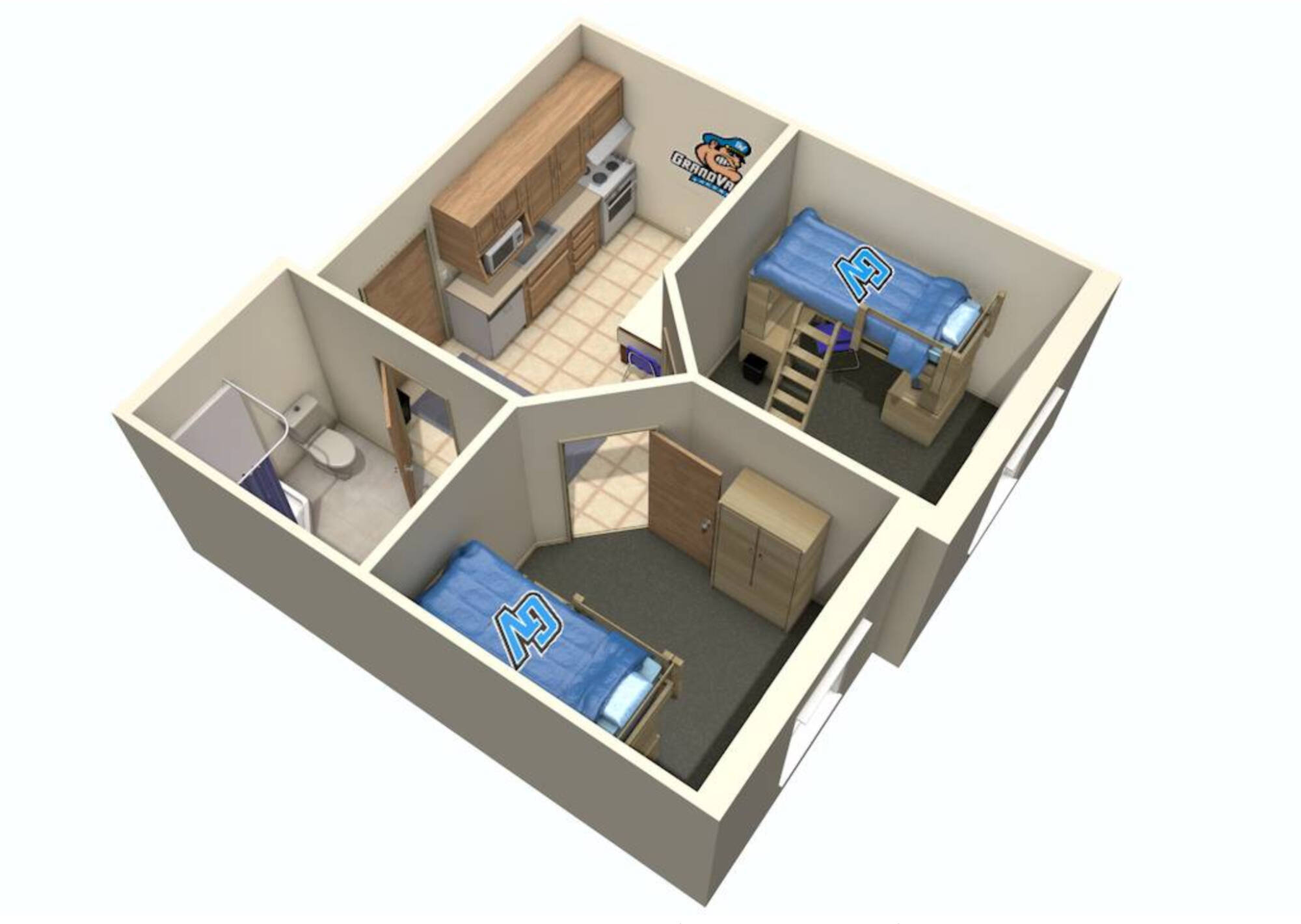Two-Bedroom apartment style with two bedrooms, a bathroom, and kitchen.